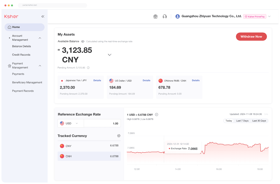 Ksher PrimePay account management console
